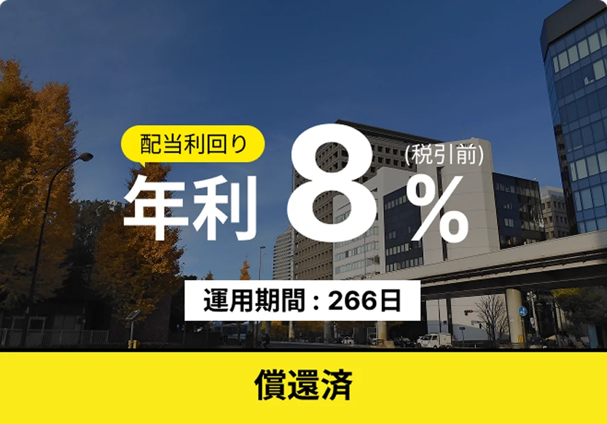 配当利回り 年利8%(税引前) 運用期間: 266日 償還済